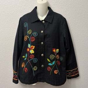 Mirasol Black Embroidered Floral Button Up Jacket Women's Sz Large Bohemian